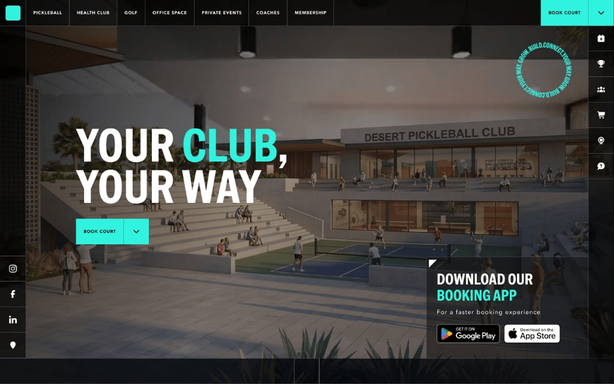 LiveCourt club website on PodPlay showing live schedules, court booking, and Desert Pickleball Club homepage