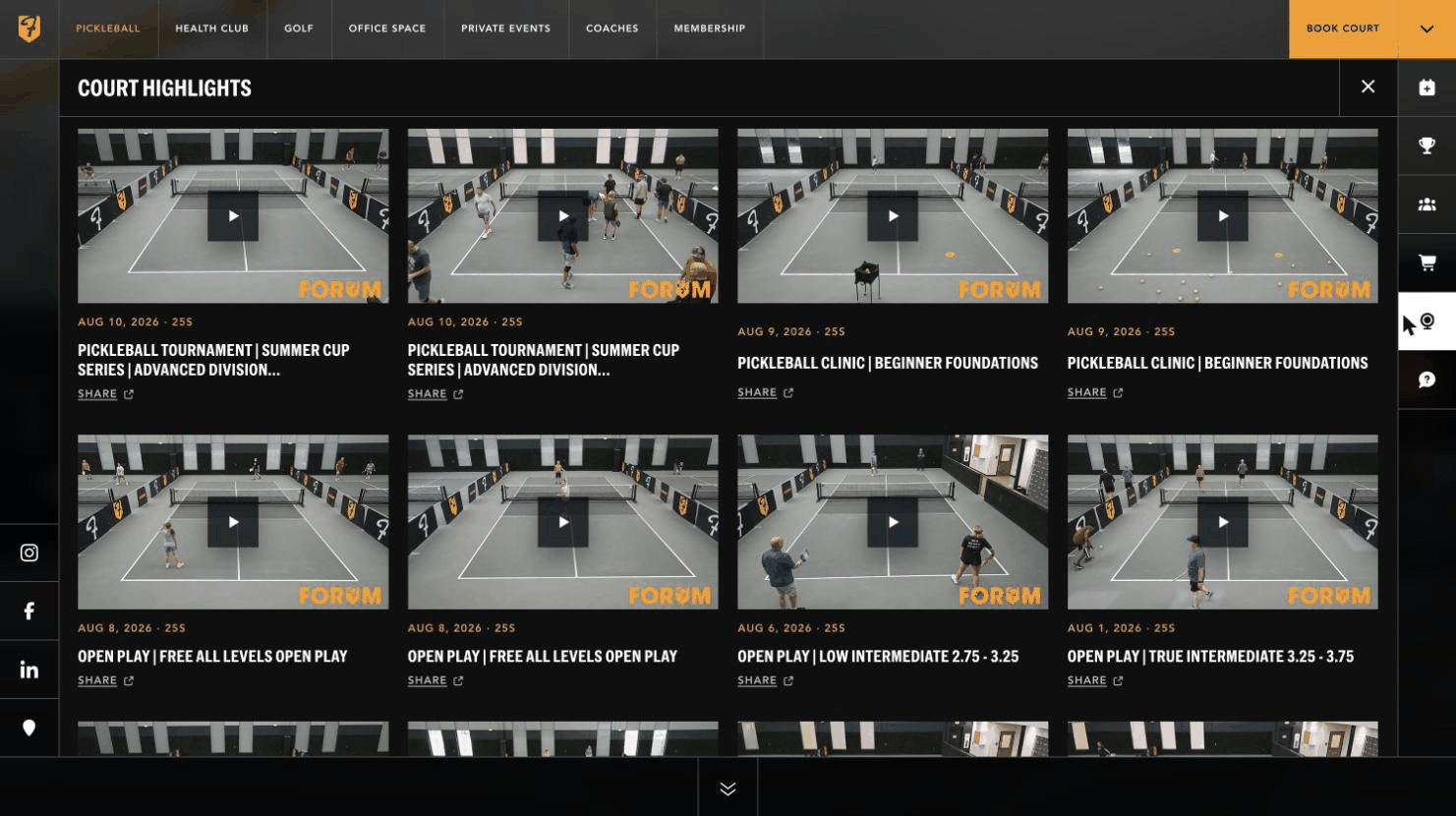Animated LiveCourt Court Highlights view at Forum Delano — live match results and standings updating on the club website